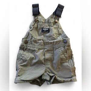 OshKosh B’gosh Baby Khaki Olive Shortalls Overalls 9M Classic Striped Strap